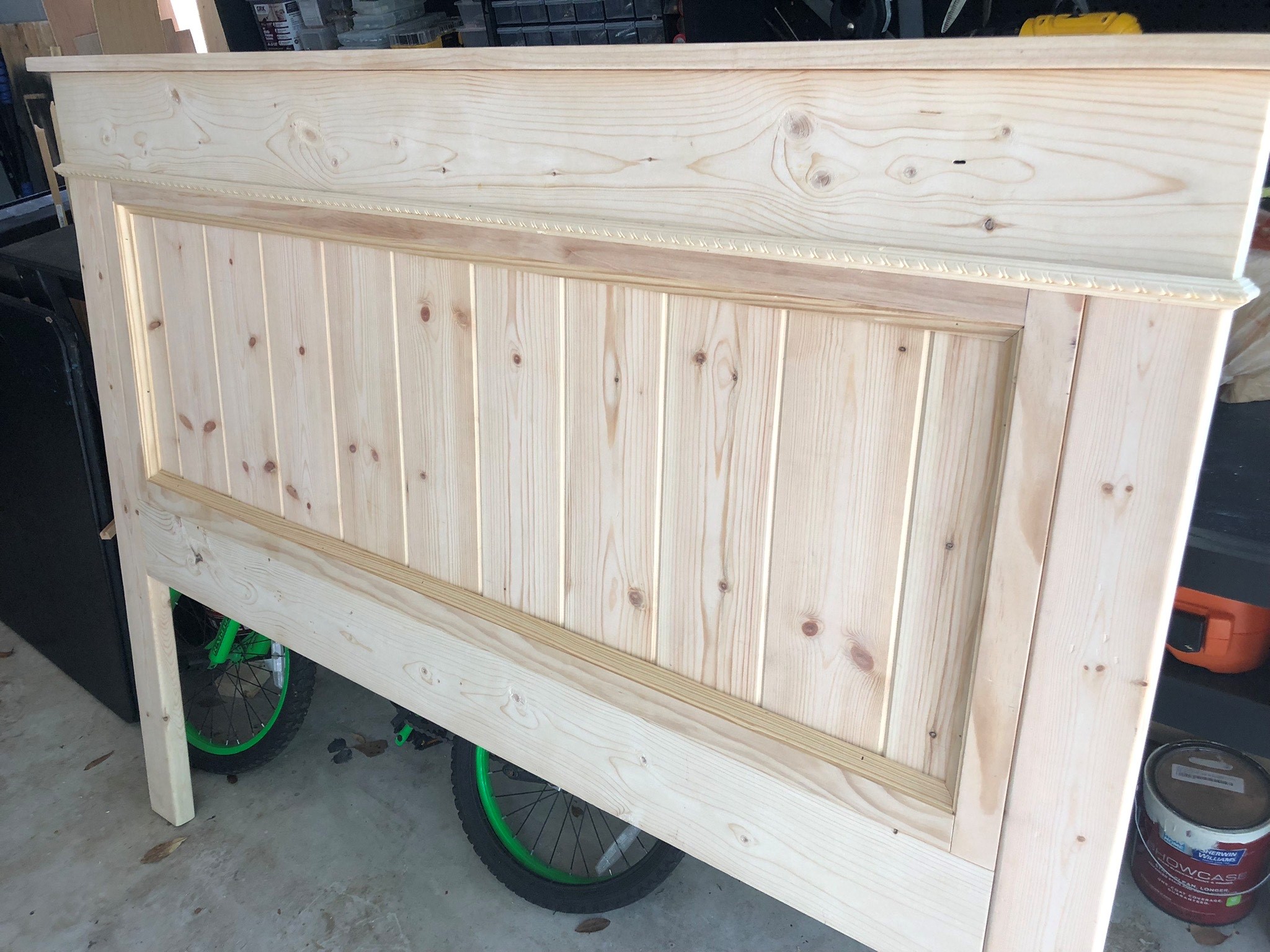 Queen headboard- 
		custom built and made to order. Any stain can be applied to bring out the rustic feel of the wood.