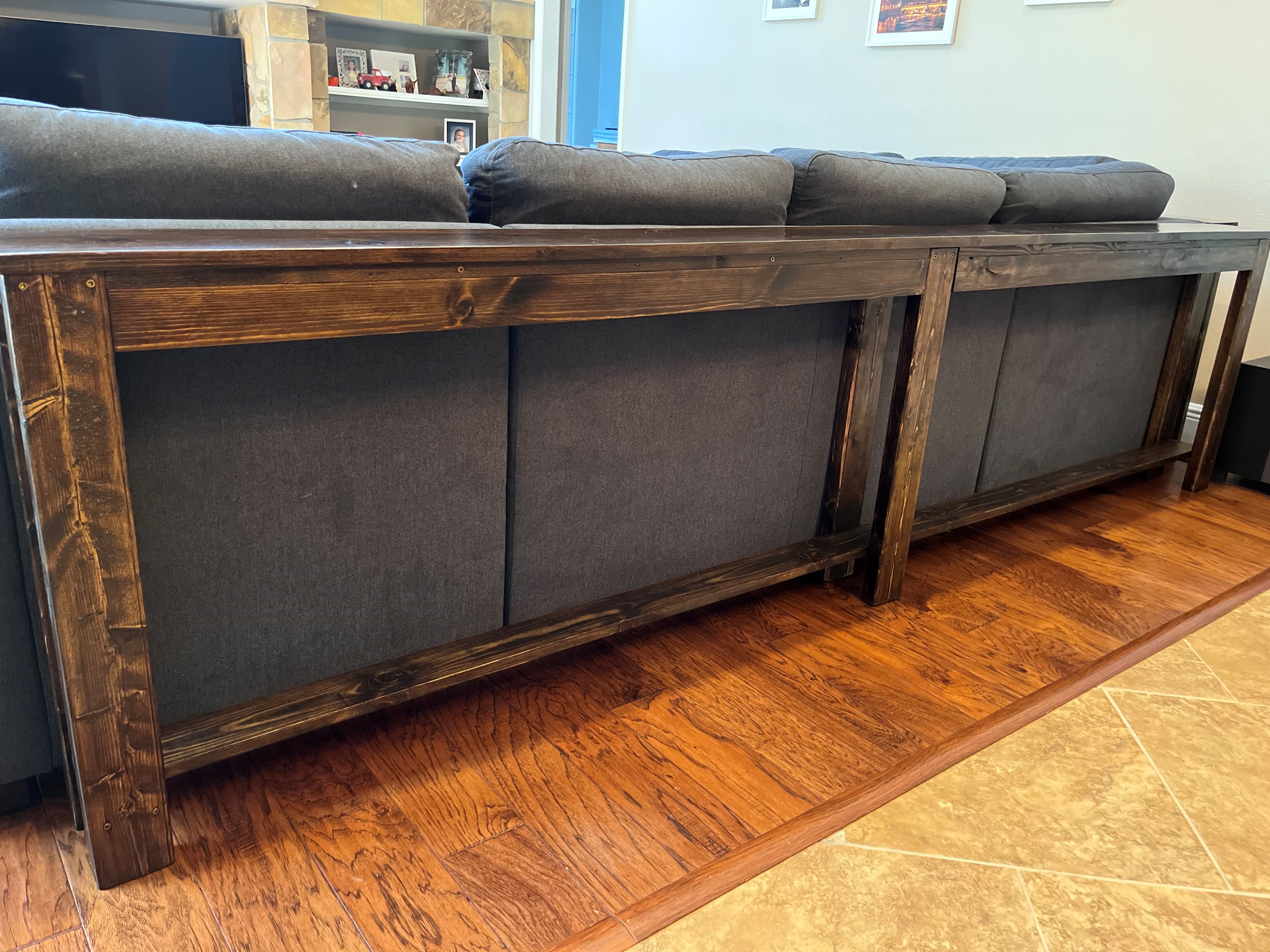 Custom sofa table, fits narrowly behind the couch for drinks and snacks. Solid pine wood with knots revealed make this a unique piece for the home..